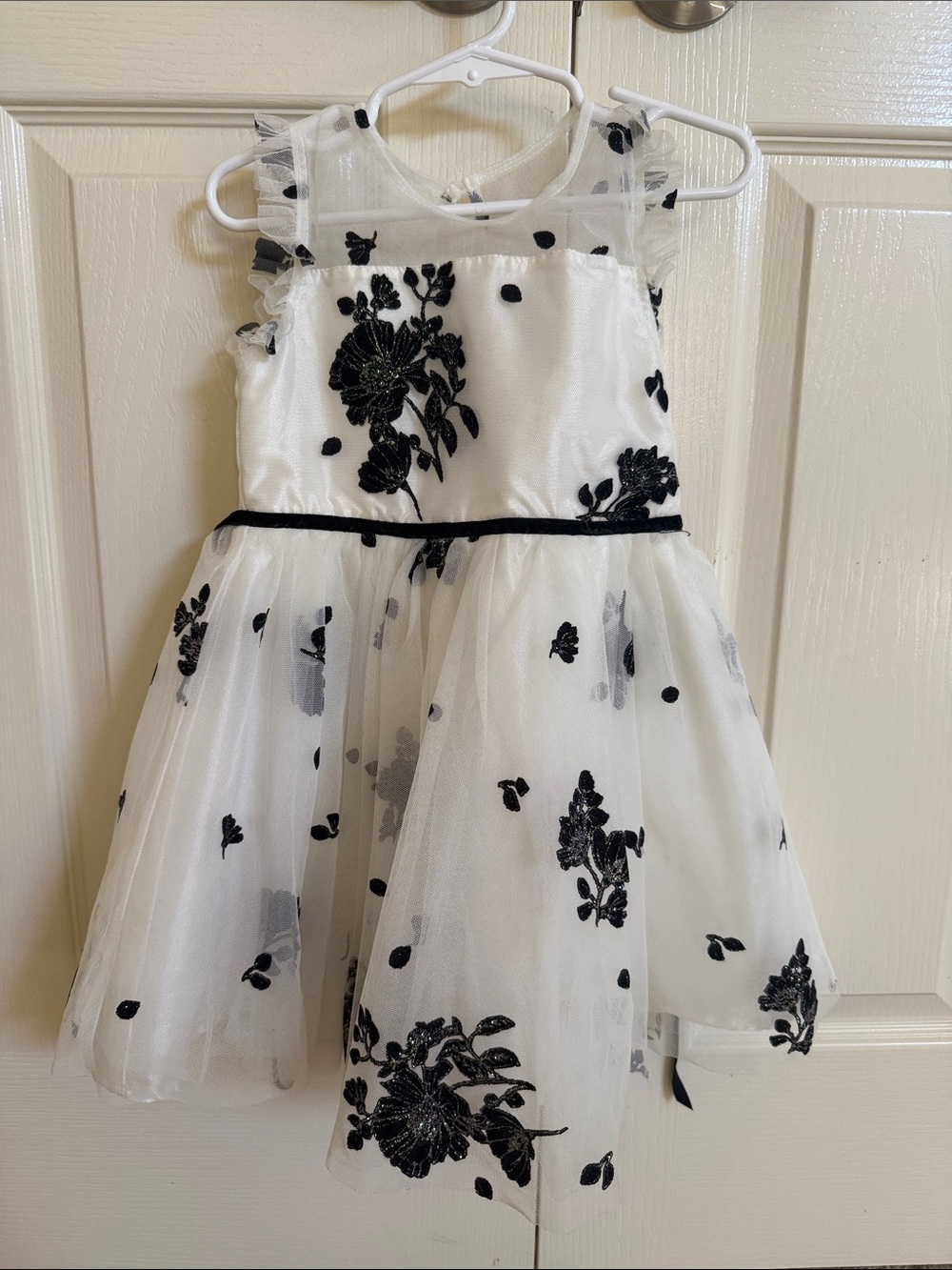 Girls White Dress with Black Floral Appliqué - Elegant Special Occasion Dress